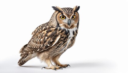 Majestic Owl with Striking Yellow Eyes Perched on a White Background Capturing Attention and Wonder of Nature