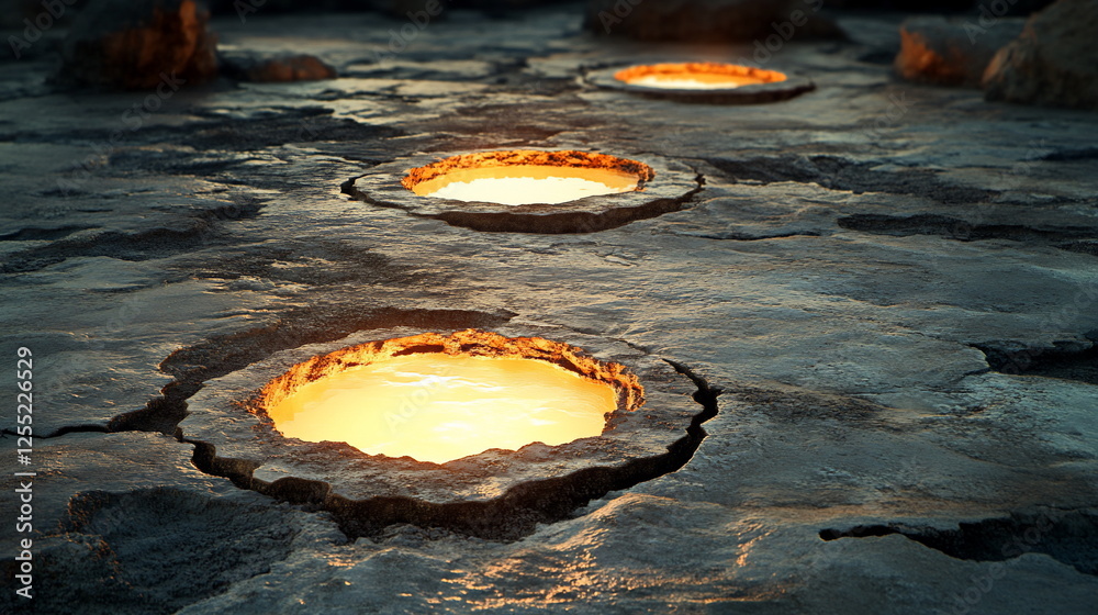 Poster Glowing Circular Pools of Light on Textured Rock Surface in an Otherworldly Landscape at Twilight