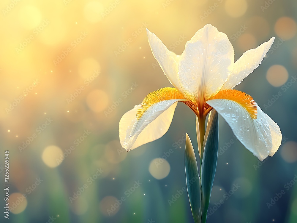 Poster Beautiful white iris flower in soft sunlight bokeh background.  Possible use greeting card, website banner, nature poster