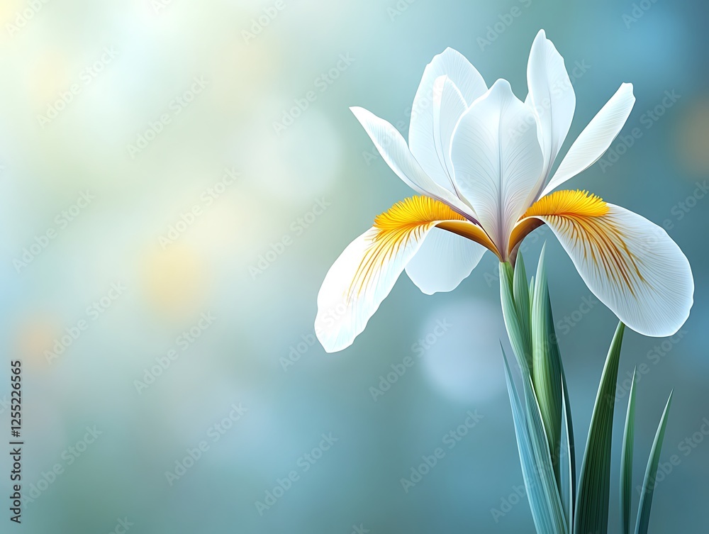 Poster White Iris flower in soft focus background. Possible use Floral backdrop