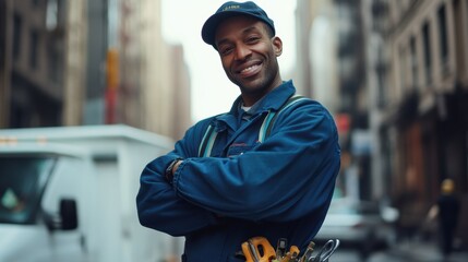 Construction worker smiling confidently in urban setting with tools ready for job, showcasing tradesmanship and professionalism in manual labor industry.
