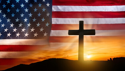 Christian Cross with the American Flag in the background, symbolizing faith and patriotism, with empty space for text or design