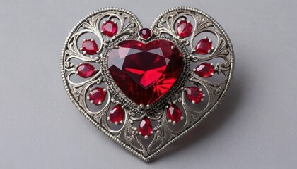 Exquisite silver heart-shaped brooch with intricate design and vibrant red gemstones, symbolizing love and elegance