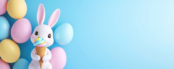 Obraz premium Easter Day celebration-themed. Easter bunny holding ice cream among pastel-colored egg-shaped balloons on a blue background.