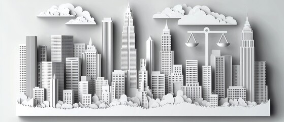 Fototapeta premium Modern city skyline silhouette with clouds and balanced scales in the background