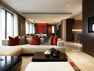 Modern living room in a luxury apartment showcasing elegant design elements. Generative AI
