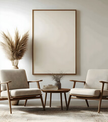 An empty vertical frame on the wall, two beige armchairs, and a table with a vase of pampas grass in front of it. The room has neutral tones and a minimalist design. This is a mockup photo, 