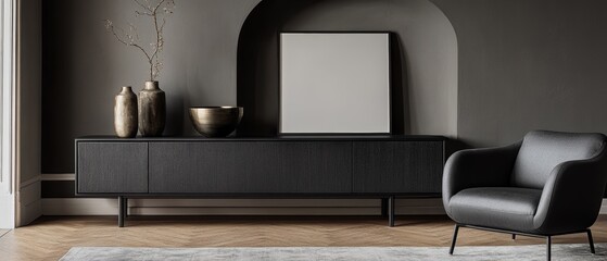 Contemporary living room design featuring black furniture, minimalist decor, stylish vases, and modern art on a neutral wall for home interior inspiration.