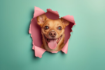 Excited Dog Peeking Through a Torn Paper Hole on a Colorful Background with Playful and Cheerful...