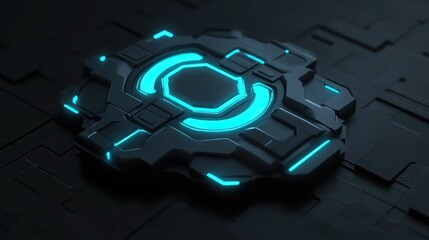 High-tech 3D logo with glowing neon blue details on a black background