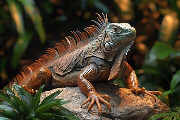 Naklejka premium Green Iguana Reptile Basking On Rock In Jungle Habitat