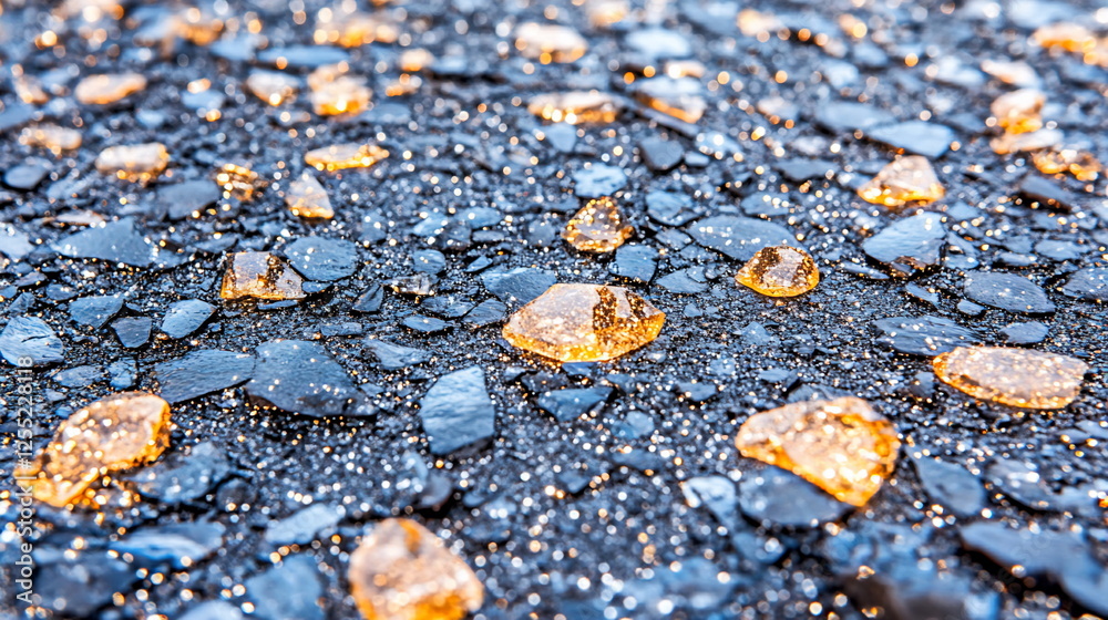 Poster Abstract close-up of shiny golden stones on dark asphalt surface with sparkling light effects in urban environment
