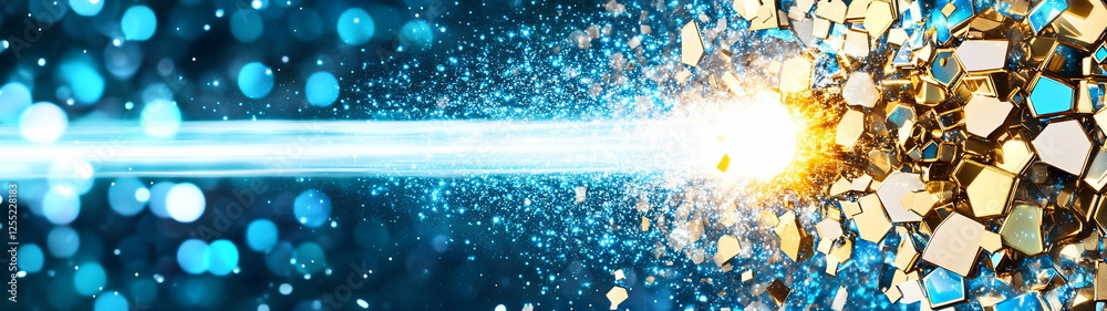 Poster Dynamic Energy Burst with Shattered Particles and Sparkling Blue Background for Modern Digital Design