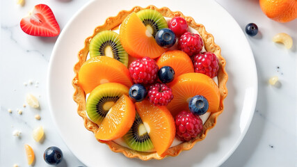 Colorful fruit tart with assorted berries and kiwi displayed on a white plate
