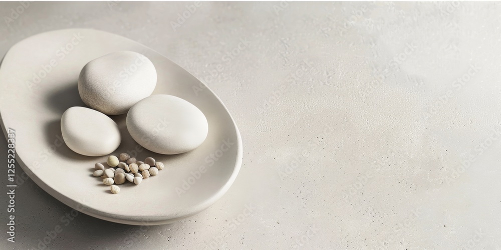 Poster a minimalist design featuring a light pebble gray background, smooth textures and neutral tones, mod