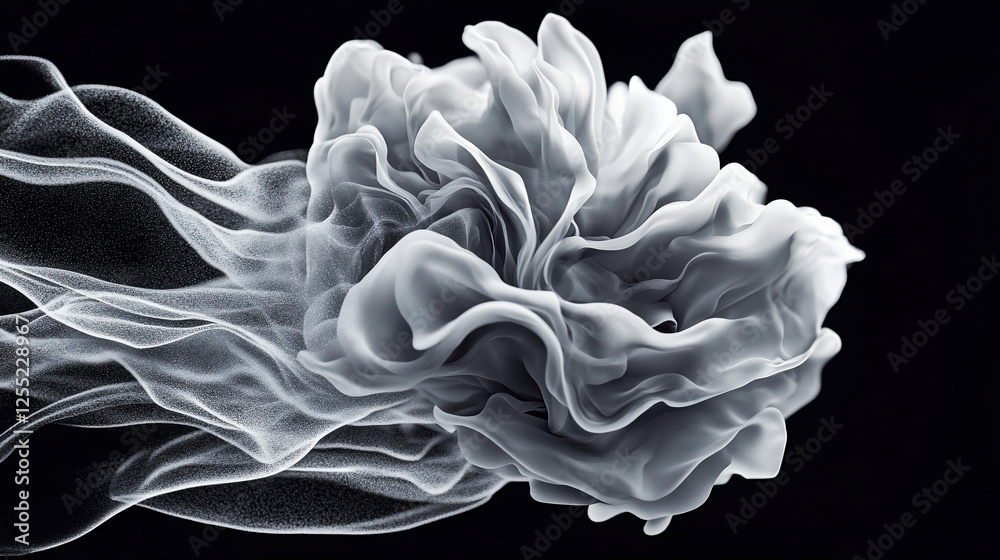 Poster Ethereal Flowing White Abstract Smoke on Black Background with Delicate Swirling Patterns and Soft Texture