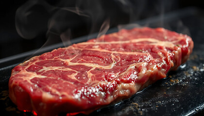 Obraz premium Traditional Wagyu Beef Sizzling on Hot Stone Grill