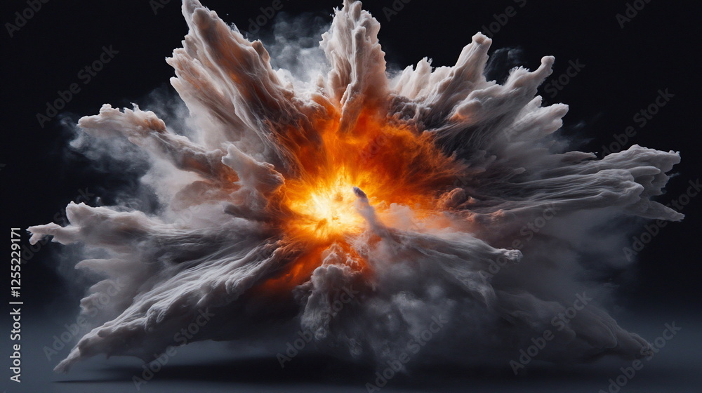 Poster dramatic explosion with fiery center and billowing clouds of smoke and dust in dark background