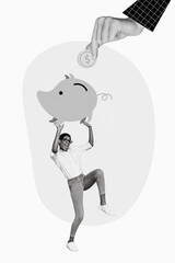 Vertical collage of young investor business lady entrepreneur hold piggy bank collect usd tokens save money for future isolated on painted background
