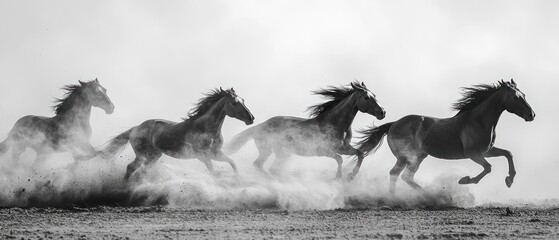 Majestic horses galloping through a dusty landscape, showcasing their strength and grace