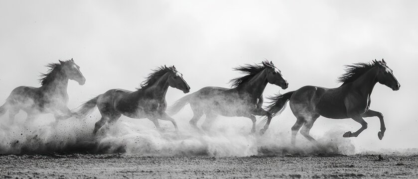 Majestic horses galloping through a dusty landscape, showcasing their strength and grace