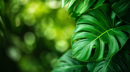 Lush tropical monstera leaves with a vibrant green bokeh background for nature-inspired designs and wellness branding
