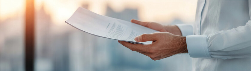 In a modern city setting, an insurance agent confidently holds a car policy document while a blurred skyline creates a backdrop of professionalism and trust. The moment captures expertise in action