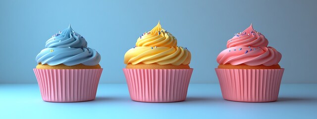 Three Colorful Cupcakes on Light Blue Background