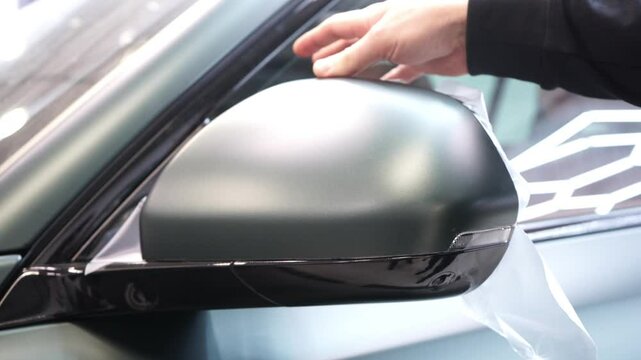 The process of installing PPF on the side mirror. A specialist in wrapping a car with gray matte vinyl or ppf film in the process of work. Car wrapping, tuning, styling. 