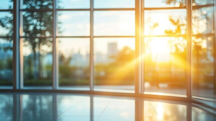 Fototapeta premium Bright sunrise illuminating a modern office space with large windows showcasing a city skyline in the background