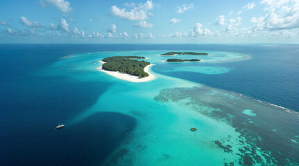 Obraz premium Pristine Tropical Paradise Islands Surrounded by Turquoise Lagoon and Coral Reefs