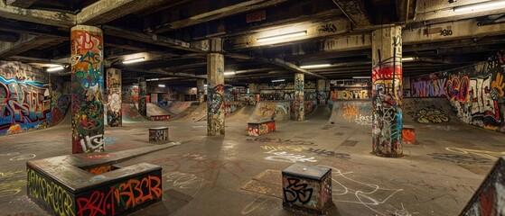 underground skate park covered in vibrant street art and graffiti. The worn-out concrete and pillars add to the edgy atmosphere, making it a hub for youth culture and creativity