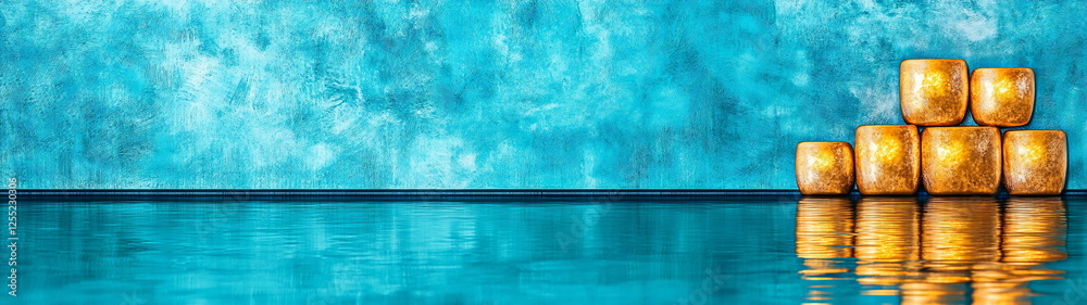 Poster serene reflection with golden lanterns on a calm water surface against a textured turquoise wall