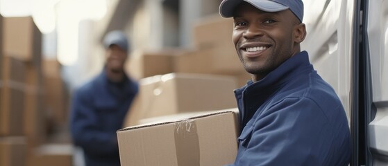Delivery personnel and logistics workers unloading packages from van outside warehouse, showcasing teamwork in shipping and freight industry operations.