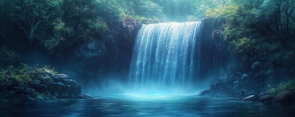 A serene waterfall cascading into an emerald-green pool.