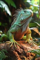 Green Iguana Perched on Rock in Lush Tropical Setting