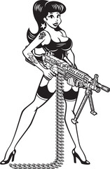 Pin up style  woman holding belt fed light machine gun