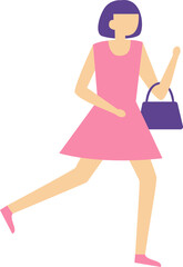 Young woman running with a purple handbag and a pink dress, representing concepts like shopping, hurrying, being late, or simply an active lifestyle