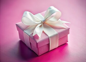 Fototapeta premium Delicate pastel pink gift box, adorned with a pristine white ribbon, captured in a close-up, detailed photograph.