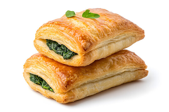 Puff pastry with spinach, top view, isolated on white backdrop - Powered by Adobe