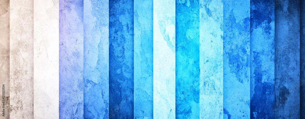 Poster vertical stripes in various shades of blue and white with textured concrete background for modern de