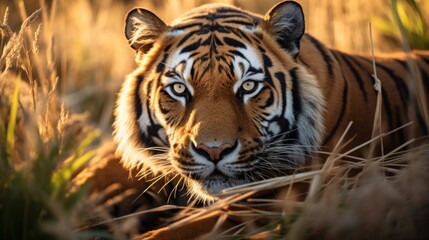 Magnificent Bengal tiger portrait amidst tall grassland during golden hour