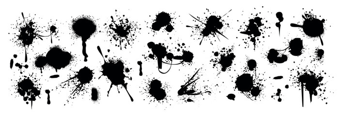 Set of spray paint drips, black blots or ink splatters. Blobs or inky spots with graffiti dirty grunge effect. Brush stains or inkblots with spatters or drops. Vector design elements in street style.