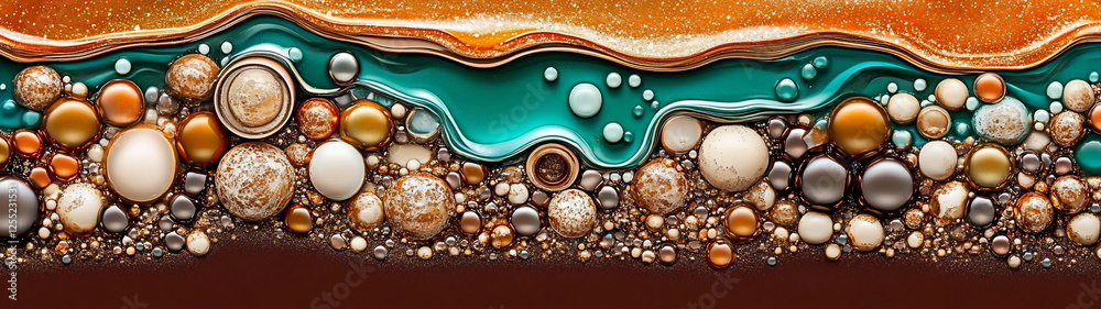 Poster colorful close-up of textured abstract fluid art with bubbles and waves in earthy tones and vibrant 