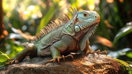 Fototapeta premium Green Iguana Reptile Basking on Rock in Lush Jungle
