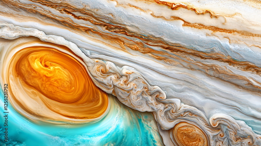 Poster stunning abstract representation of jupiter's surface with vibrant colors and turbulent cloud patter