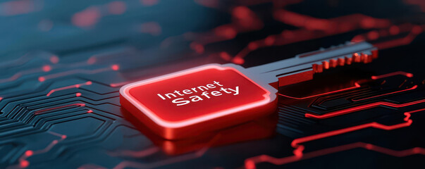 Safer Internet day concept, A digital key symbolizing internet safety on a circuit board background.