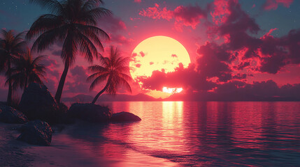 Retro 80s aesthetic sunset with palm trees, vibrant neon colors, geometric shapes, vaporwave style