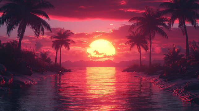 Retro 80s aesthetic sunset with palm trees, vibrant neon colors, geometric shapes, vaporwave style