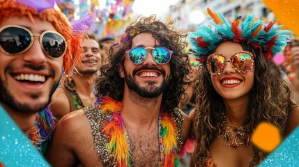 Obraz premium A group of friends in carnival costumes, enjoying the lively atmosphere of the celebration 